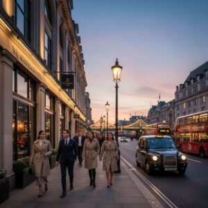 image showing a sidewalk with four people, two women and two man, and next to it on the street a car is passing by