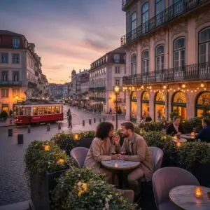 A couple gazing at each other, holding hands, on a sunset date at a restaurant.